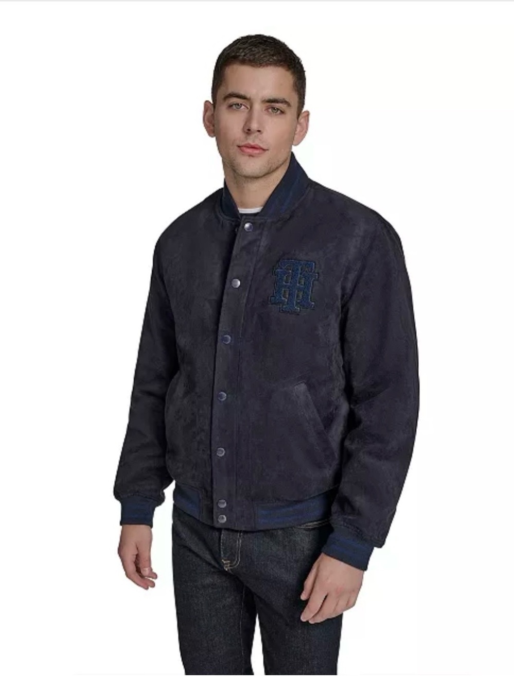 NWOT Tommy Hilfiger Navy Faux Suede Varsity Bomber Jacket